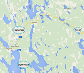 Karta över Hällefors, Grythyttan och Hjulsjö